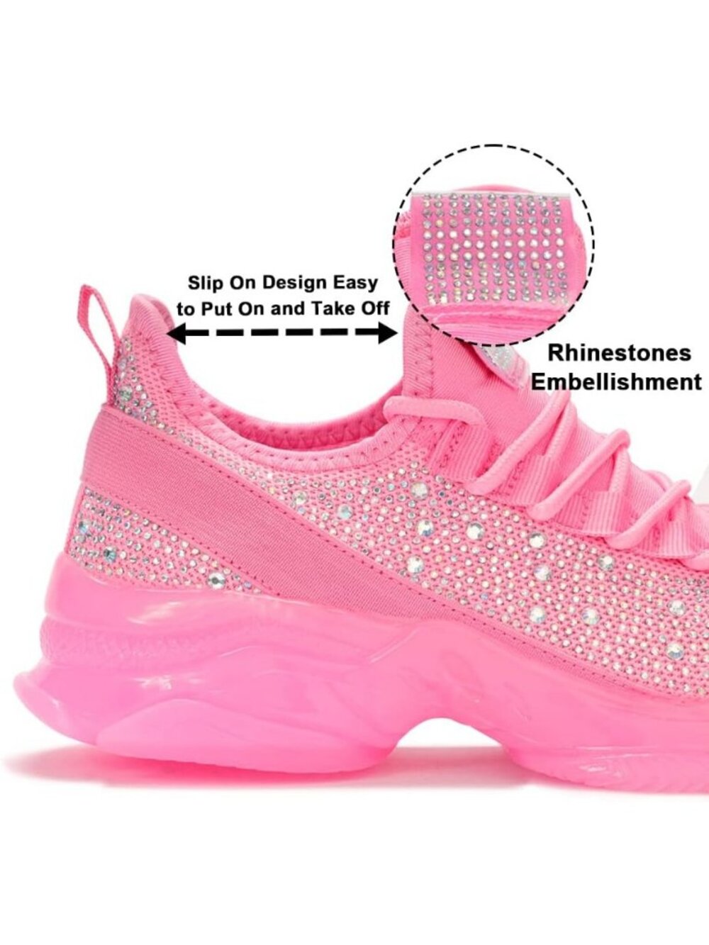 Women's Pink Rhinestone Mesh Slip On Breathable Spakle Glitter Sneaker Shoes - Picture 4 of 6